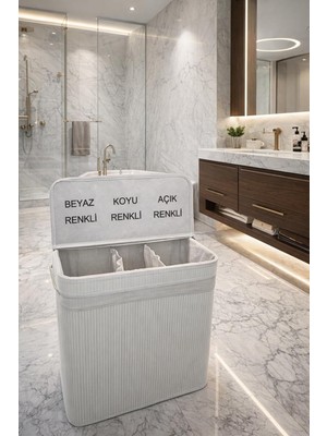 Ayrex Lüks Bambu 3 Bölmeli Çamaşır Kirli Sepeti 52X32X60CM Büyük Boy 100 Lt (Beyaz)