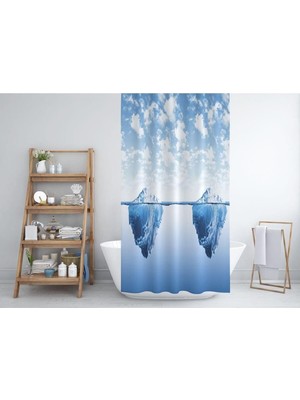 Ayrex Tropik Home Banyo Perdesi Buz Dağlı Desenli Mavi Duş Perdesi Plastik C-Halka Hediye 180X200