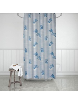 Ayrex Tropik Home Banyo Perdesi Mavi Yunus Desen Yerli Üretim Duş Perdesi C-Halka Hediye 180X200CM