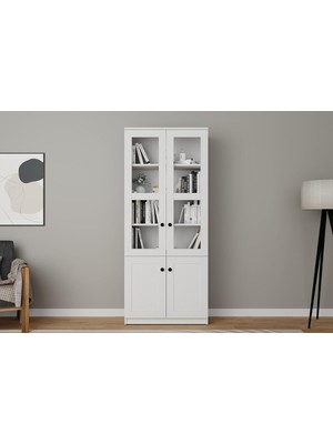 Ayrex Lisa 4 Kapaklı Beyaz Vitrin - Kitaplık ve Çok Amaçlı Dolap