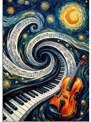 Tablomega Piyano ve Keman ve Müzik Notalı Gece Dekoratif Kanvas - Mdf Ahşap Tablo