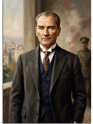 Tablomega Balkonda Takım Elbiseli Atatürk Portresi Dekoratif Kanvas - Mdf Ahşap Tablo