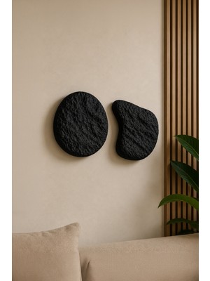 Minimalist Salon Duvar Dekoru 2 Parça Koyu Gri Dokulu Geometrik Duvar Panosu Muyika-Yuvarlak Virgül Antrasit