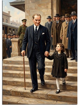 Tablomega Merdivenlerde El Ele Atatürk ve Kız Çocuğu Dekoratif Kanvas - Mdf Ahşap Tablo