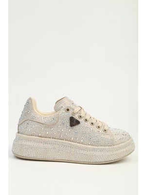 Benetton Pierre Cardin Kadın Bej Taşlı Kalın Platform Taban Sneaker Spor Ayakkabı PC-56196
