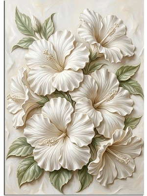 Tablomega Kabartma Beyaz Hibiskus Çiçekleri Tablosu Dekoratif Kanvas - Mdf Ahşap Tablo