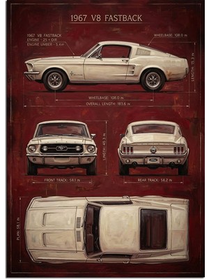Tablomega Retro Klasik Araba Teknik Çizim Poster Dekoratif Kanvas - Mdf Ahşap Tablo