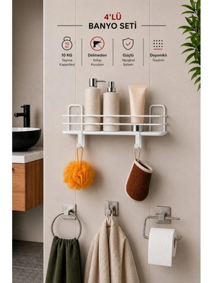 Mikasso Banyo Düzenleyici Set 4 Parça Yapışkanlı Şampuanlık Tuvalet Kağıtlığı Havluluk Askı Tss-01 Beyaz Met