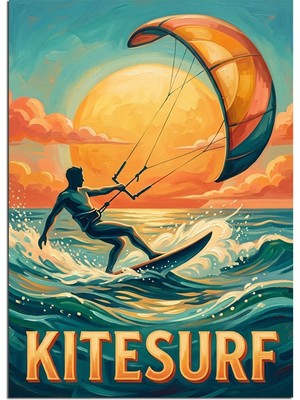Tablomega Kitesurf Gün Batımı Turuncu Poster Dekoratif Kanvas - Mdf Ahşap Tablo