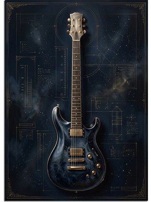 Tablomega Mavi Elektro Gitar Teknik Çizim Dekoratif Kanvas - Mdf Ahşap Tablo