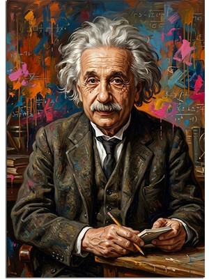 Tablomega Einstein Portresi Renkli Fırça Darbeli Dekoratif Kanvas - Mdf Ahşap Tablo