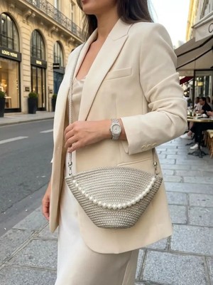 E-Woman Inci Detaylı Örgü Kadın Omuz Çantası Bej - Lisinya