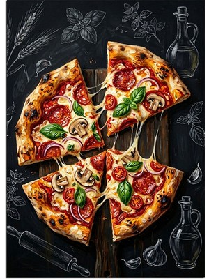 Tablomega Peynirli Pizza Dilimleri ve Malzemeler Dekoratif Kanvas - Mdf Ahşap Tablo