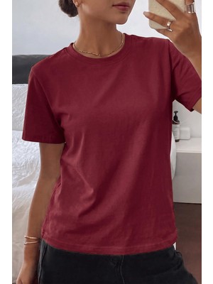 1001 Kadın Tişört Gri Bisiklet Yaka Basic TIŞÖRT%100 Pamuk Rahat Kalıp T-Shirt Basıc-Kadın (Düz, R