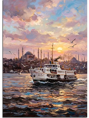 Tablomega Istanbul Boğazında Vapur Gün Batımı Dekoratif Kanvas - Mdf Ahşap Tablo