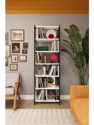 Ayrex Asra Trend Beyaz METALK02 6 Raflı Metal Kitaplık 55 cm Endüstriyel Modern Dekoratif Raf Ün