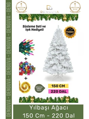 Denguva Premium Süsleme Set Yılbaşı Beyaz Çam Ağacı Renkli Işığı Yeni Yıl Süsleri Noel Paketi 150 cm 220 Dal