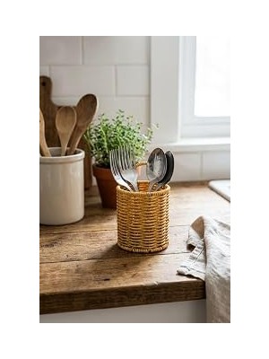 Uravas Store Buffer Yuvarlak Hasır Dokulu Plastik Rattan Kaşıklık ve Çatallık, Askılı Çok Amaçlı Mutfak Organizeri, 10X14 cm