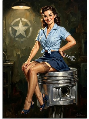 Tablomega Piston Üzerinde Oturan Pin-Up Tamirci Dekoratif Kanvas - Mdf Ahşap Tablo