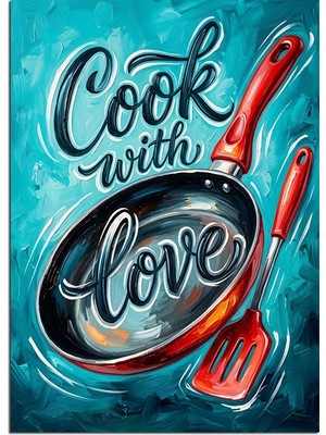 Tablomega Cook With Love Tava Yazılı Mavi Poster Dekoratif Kanvas - Mdf Ahşap Tablo