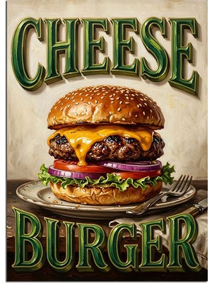 Tablomega Cheese Burger Vintage Poster Tablosu Dekoratif Kanvas - Mdf Ahşap Tablo