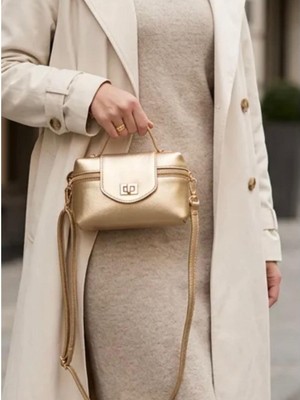 E-Woman Gold Parlak Görünümlü Kilit Detaylı Mini Kadın El ve Çapraz Askılı Çanta - Lisinya