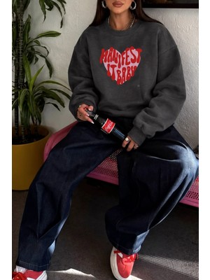 Monila Kadın Premium Kumaş 3 Iplik Şardonlu Manifest Baskılı Sweatshirt