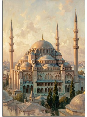 Tablomega Mavi Cami ve Gökyüzü ve Minareli Dekoratif Kanvas - Mdf Ahşap Tablo
