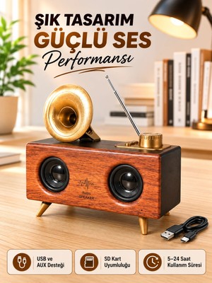Uravas Store Retro Gramofon Tasarımlı Bluetooth Hoparlör – 3D Stereo Ses, 1800 Mah Batarya