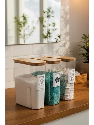 Mikasso Armoni - 3'lü Büyük Boy Deterjan Saklama Kutusu Etiketli Banyo Toz Tablet Toz Deterjan Kutusu 2500ML