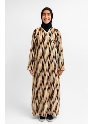 Uravas Store Zigzag Desenli Kruvaze Namaz Elbisesi –%100 Viskon, Yandan Bağlamalı, Rahat Kalıp, 36–46 Beden (Kahverengi, 2)