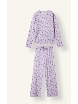 DeFacto %100 Pamuk Uzun Kollu Üst Elastik Bel Alt Kelebek Desenli 2'li Pijama Takımı Kız Çocuk I6090A826WN