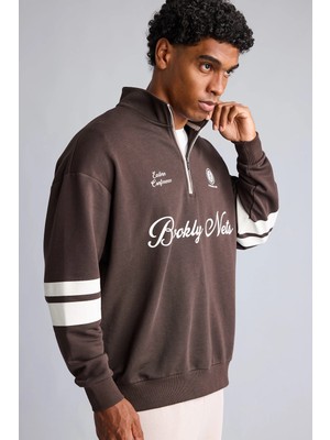 DeFacto NBA Brooklyn Nets Yarım Fermuarlı Dik Yaka Oversize Sweatshirt H9639AX26AU
