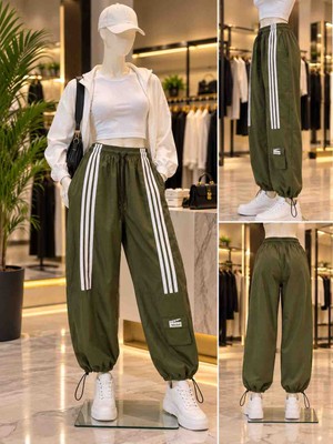 Belirtilmemiş Kadın Haki Şerit Detaylı Paraşüt Jogger Pantolon