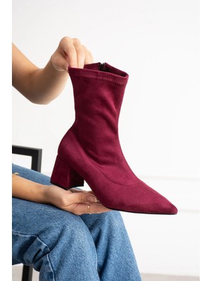 Dabab Shoes BEGA Kadın Bordo Streç Süet Sivri Burun Fermuarlı 6 cm Kalın Topuklu Bot Bootie