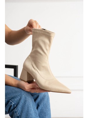 Dabab Shoes BEGA Kadın Bej Streç Süet Sivri Burun Fermuarlı 6 cm Kalın Topuklu Bot Bootie