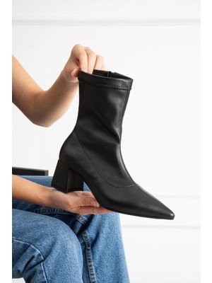 Dabab Shoes BEGA Kadın Siyah Streç Cilt Sivri Burun Fermuarlı 6 cm Kalın Topuklu Bot Bootie