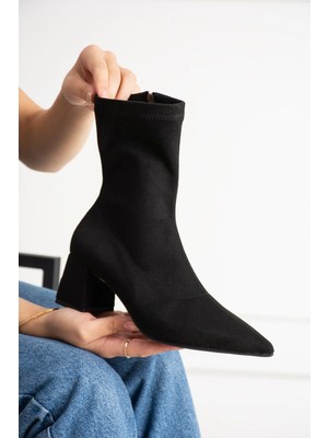 Dabab Shoes BEGA Kadın Siyah Streç Süet Sivri Burun Fermuarlı 6 Cm Kalın Topuklu Bot Bootie