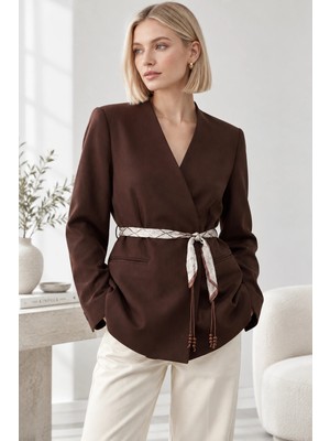 Mevese Kadın Şık Fular Kemerli Kruvaze Yaka Ceket - Kuşaklı Blazer Ceket - Kahverengi