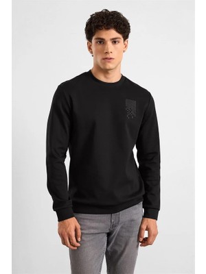 Süvari Siyah Regular Düz Baskılı Interlok Bisiklet Yaka Cepsiz Sweatshirt