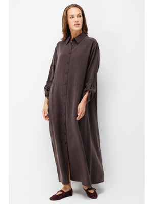 Micca Premium Doğal Akıcı Kumaş Bsc Maxi Tunik Elbise-Kahve