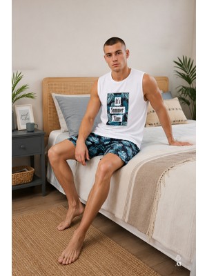 Koza İç Giyim Erkek Pamuklu Sıfır Kollu Baskı Detaylı Şortlu Pijama Takımı
