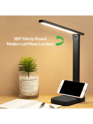 Badem10 Siyah Renk Ledli Masa Lambası 3 Modlu Oynar Başlıklı Şarjlı Çalışma Lambası 9 W Beyaz Sarı Işık