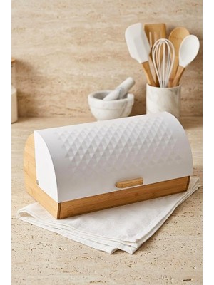 Atbyhome Bambu Gövdeli Beyaz Pane Ekmek Dolabı 38X25X18.5 cm - Mekanizmalı Metal Kapaklı Ekmeklik
