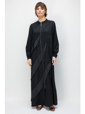 Micca %100 Doğal Lyocell Dökümlü Soft Hissiyat Ara Aller Volanlı Detay Ferace-Siyah