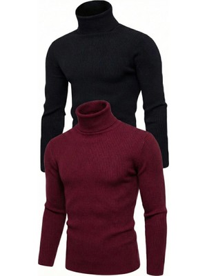 Zenviaa Erkek Kaşkorse Boğazlı Likralı Fitilli Slim Fit Body 2'li Set Siyah-Bordo ZENVIAAC12
