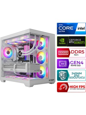 Xaser Kratos X160 Intel Ultra 5 225F 16GB Ddr5 Ram 512GB M.2 Nvme SSD 16GB RTX5060TI Sıvı Soğutmalı Masaüstü Oyuncu Bilgisayarı