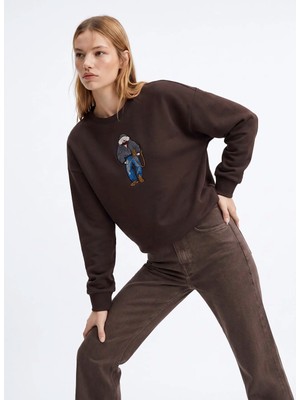 Fabrika Kahverengi Kadın Bisiklet Yaka Loose Fit Nakışlı Sweatshirt F6WL-SWT0086