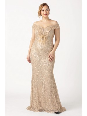 Moda Berray 2521 GOLD PÜSKÜL DETAYLI GRİTER MADONNA YAKA ŞIK ABİYE