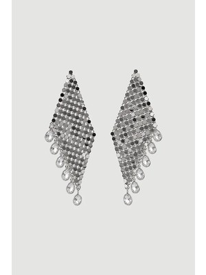 Gusto Metal Plakalı Taş Detaylı Sallantılı Küpe - Gümüş